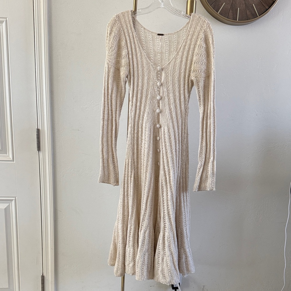 Free People Soft Cozy Sheer Knit Dress Cream Button-Down Sweater Dress XS